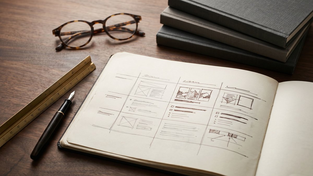 Hand-drawn three-column comparison framework on an architect notebook with fountain pen and reading glasses