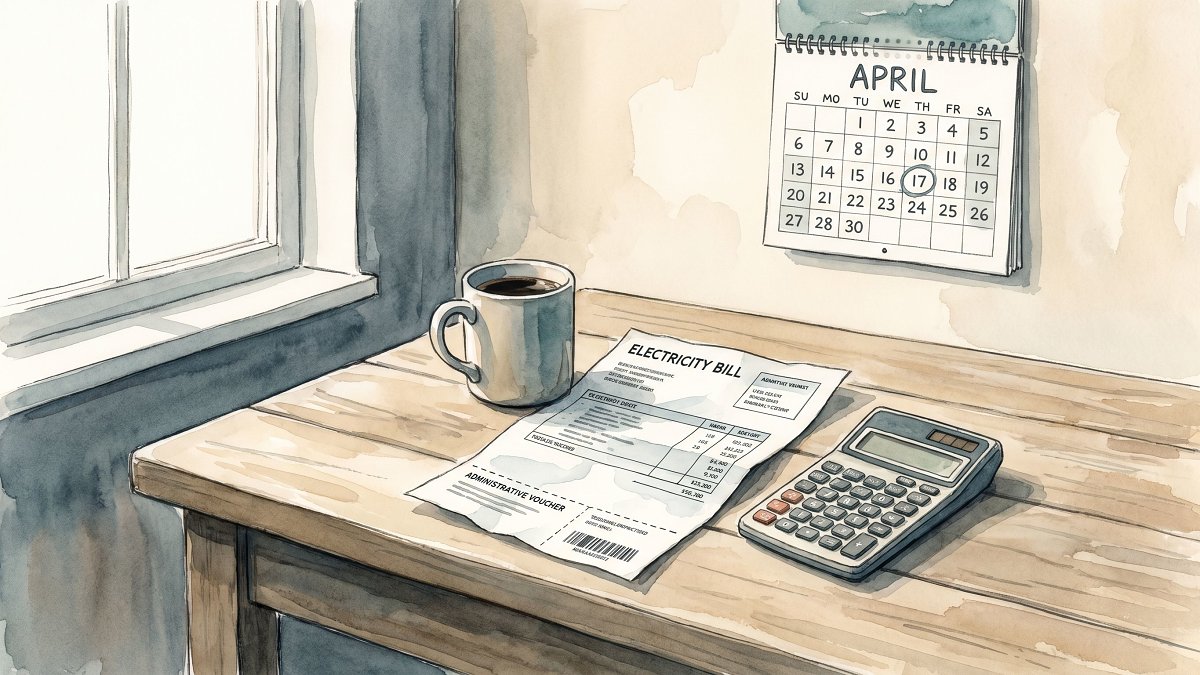 Facture d'énergie réglée à la table d'une cuisine avec calendrier d'avril