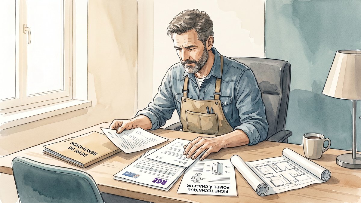 Artisan vérifiant un devis de rénovation avec certificat RGE et fiche technique pompe à chaleur