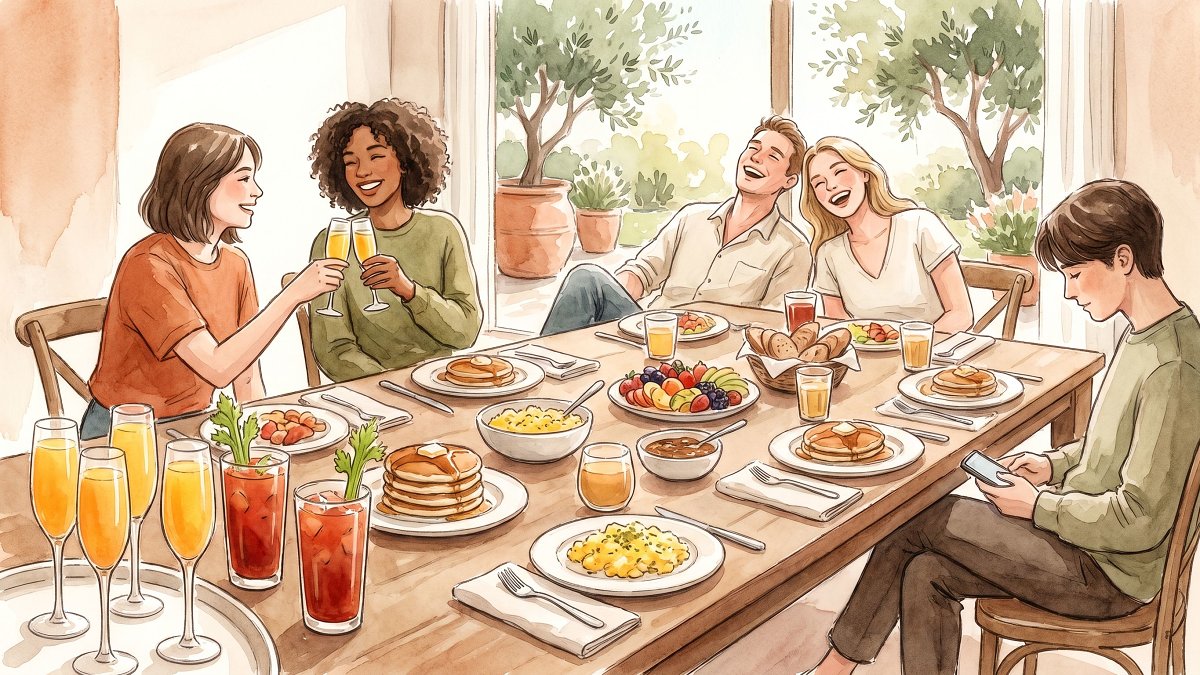 Brunch table for six friends with mimosa and bloody mary glasses on one side, plates of pancakes and eggs across the rest, two friends raising glasses while another taps a phone