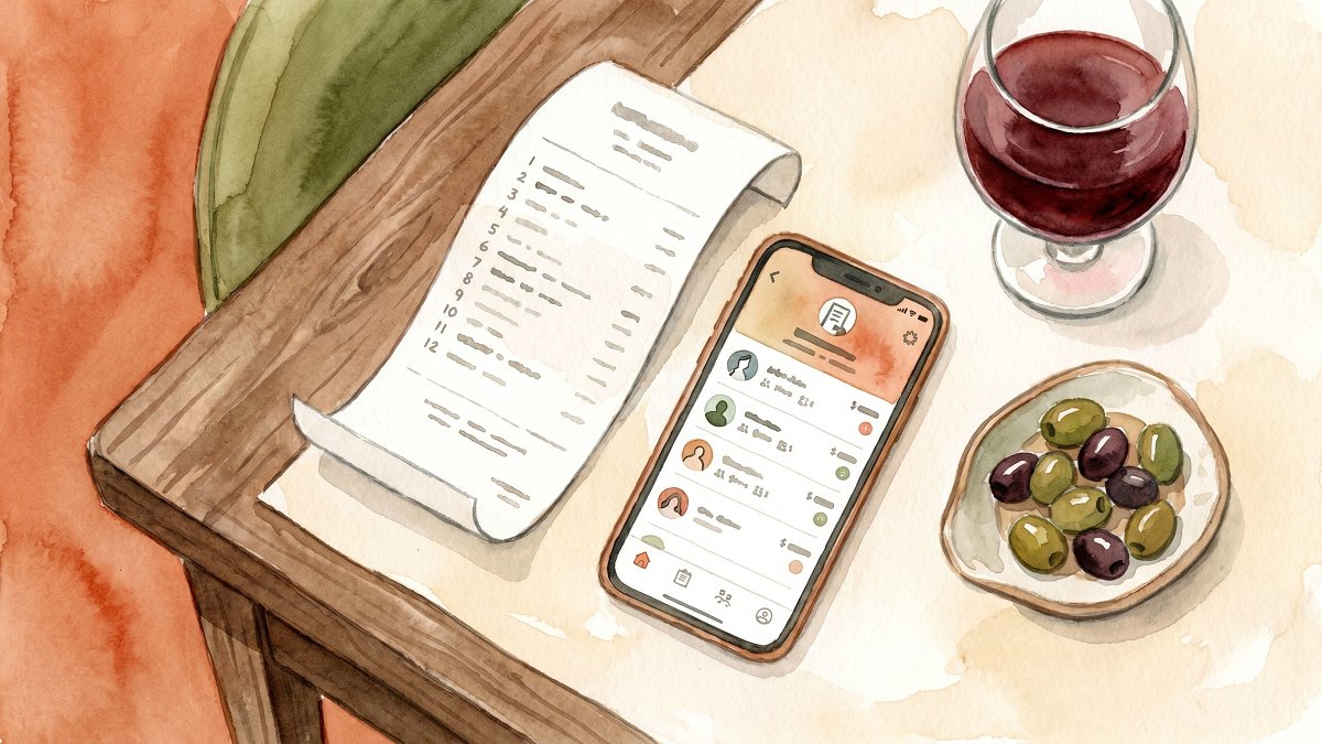 Overhead flat-lay of a wooden restaurant table edge with an itemized paper receipt and a phone showing per-person totals next to a glass of red wine and a small dish of olives