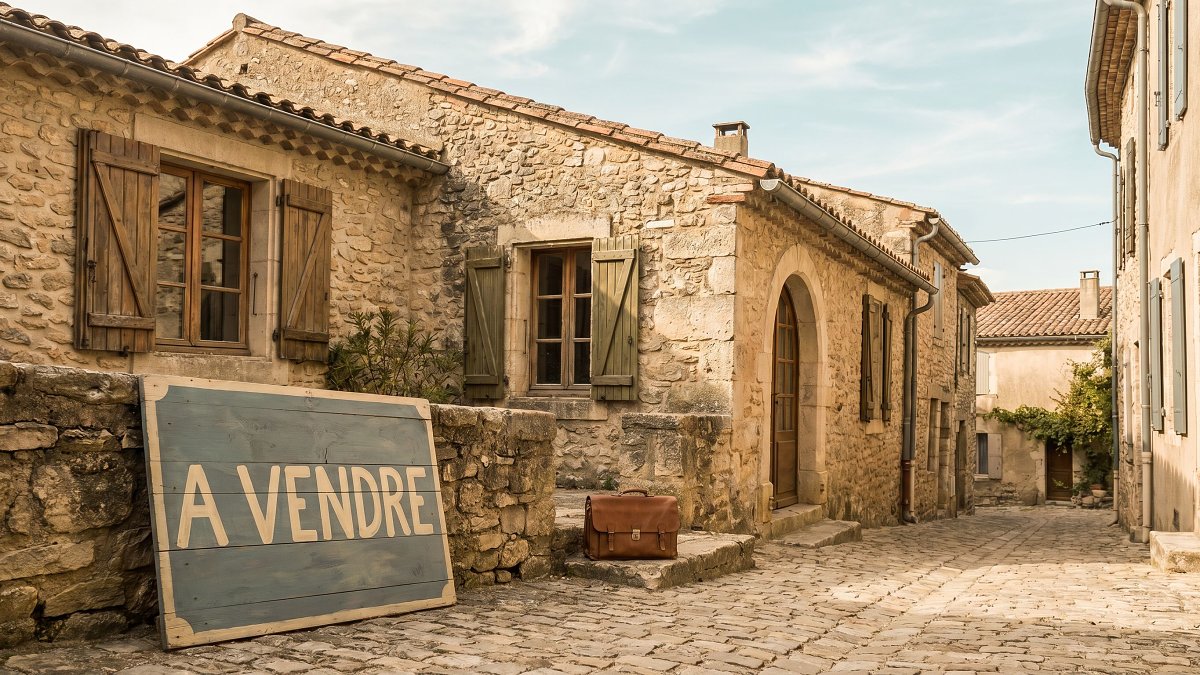 Stone French village house with a For Sale sign and a leather briefcase on the doorstep