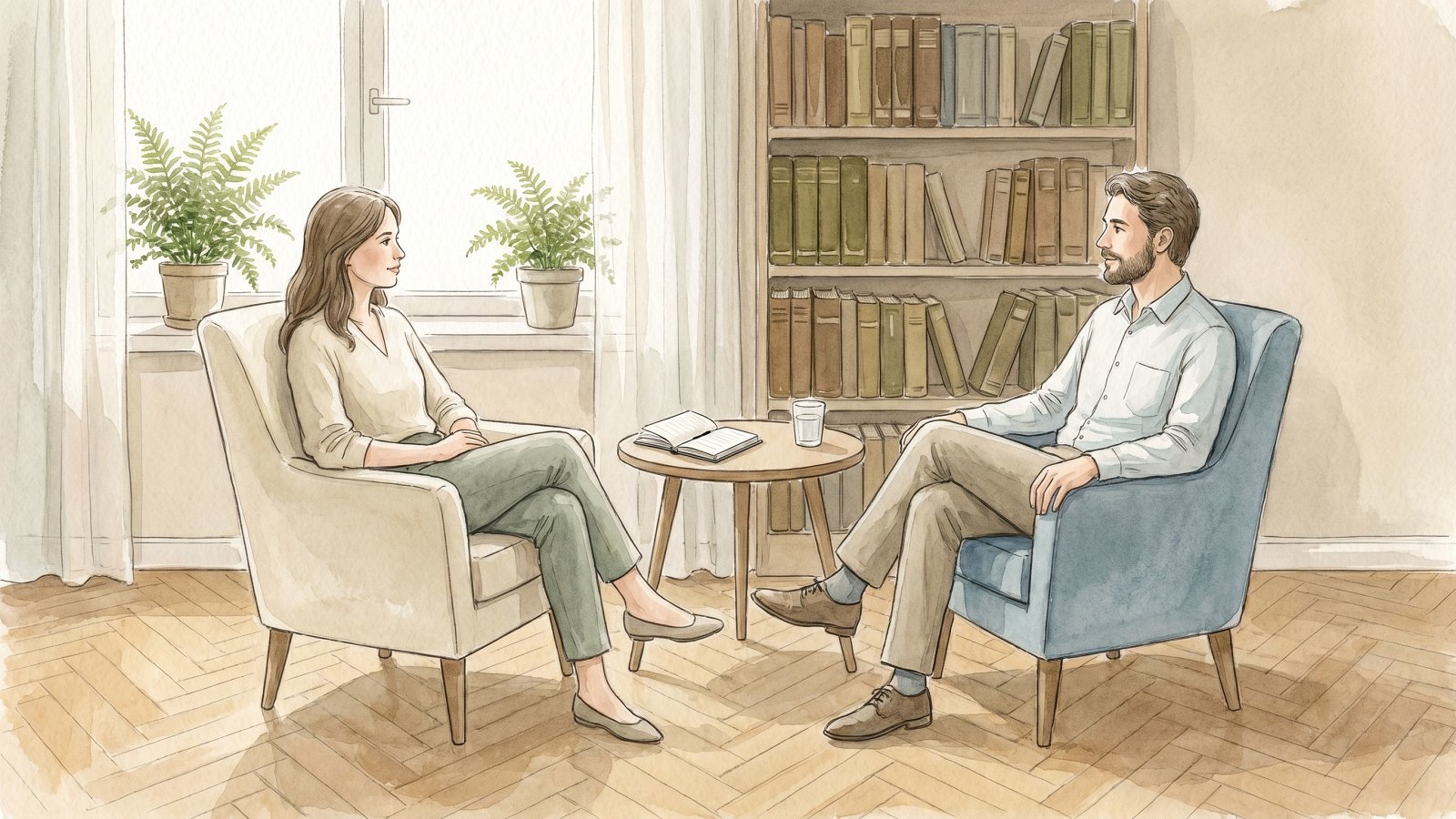 Consultation calme entre une personne et un psychologue dans un cabinet lumineux