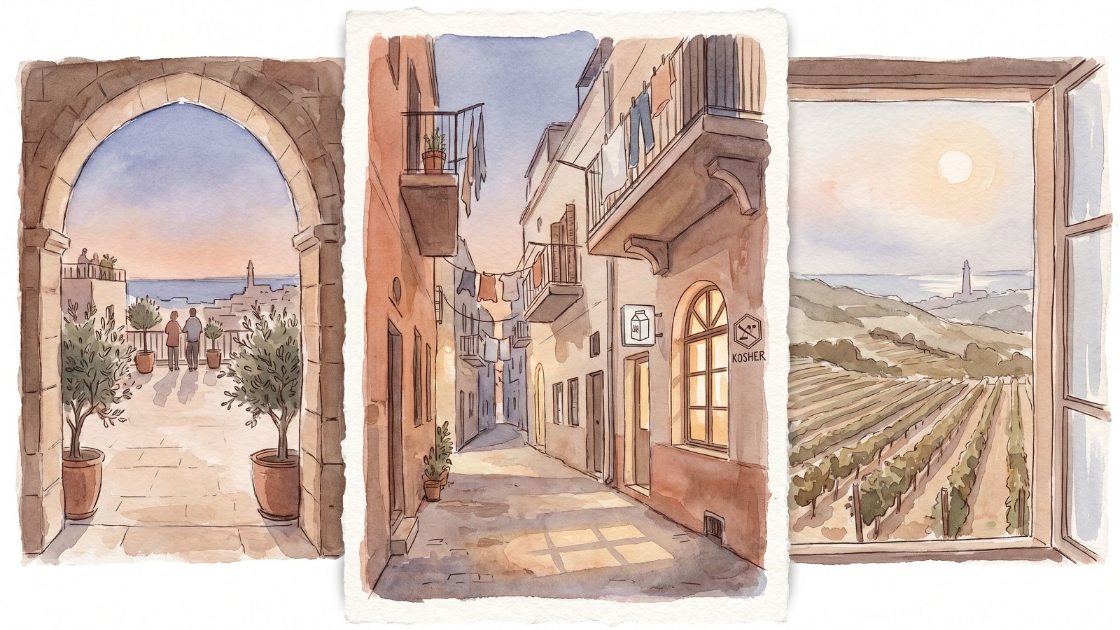 Watercolor illustration of a kosher Israel neighborhood guide, a Tel Aviv to Galilee triptych at golden hour