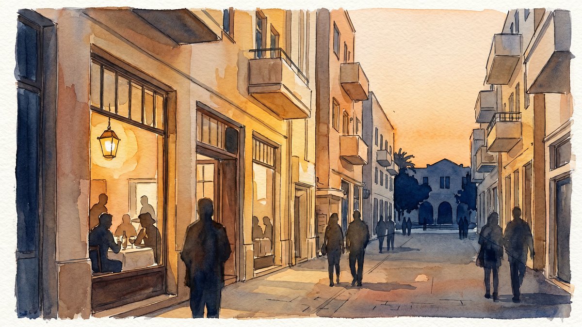Watercolor illustration of a Tel Aviv kosher evening on Shabazi Street in Neve Tzedek, Bauhaus facades at the golden hour