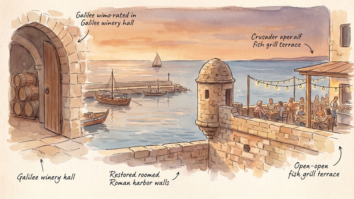 Watercolor illustration of Caesarea Port at the magic hour, Roman harbor walls and the Crusader watchtower over a kosher Mediterranean grill terrace