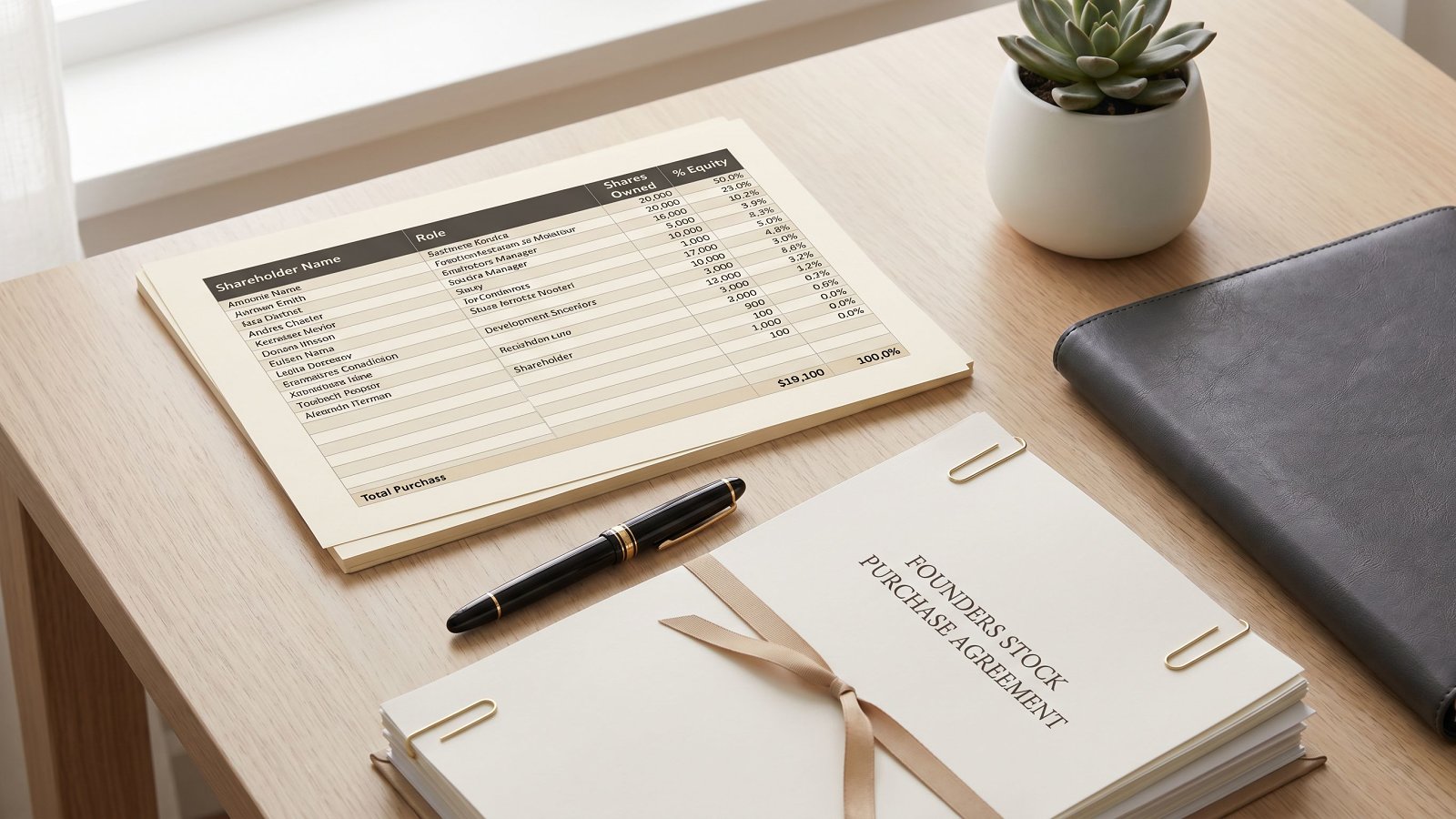 Cap table spreadsheet, fountain pen, and Founders Stock Purchase Agreement documents arranged on a clean editorial desk