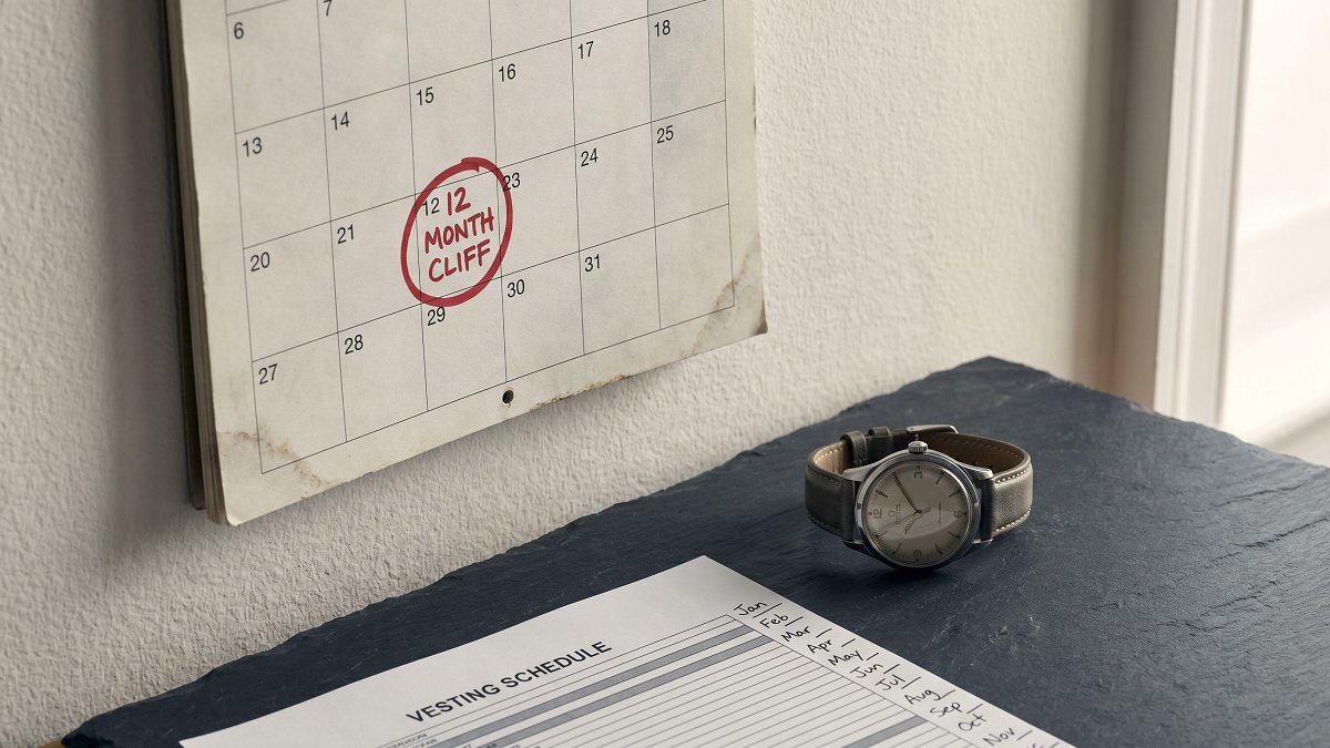 Wall calendar with a twelve-month cliff date circled in red ink beside an analog wristwatch on a slate desk
