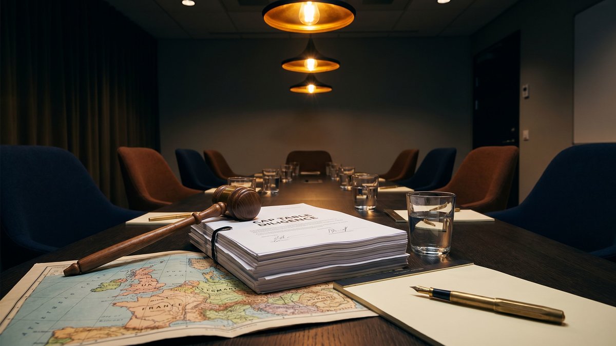 Conference-room scene with wooden gavel, signed cap table diligence binder, half-folded European map, and a fountain pen