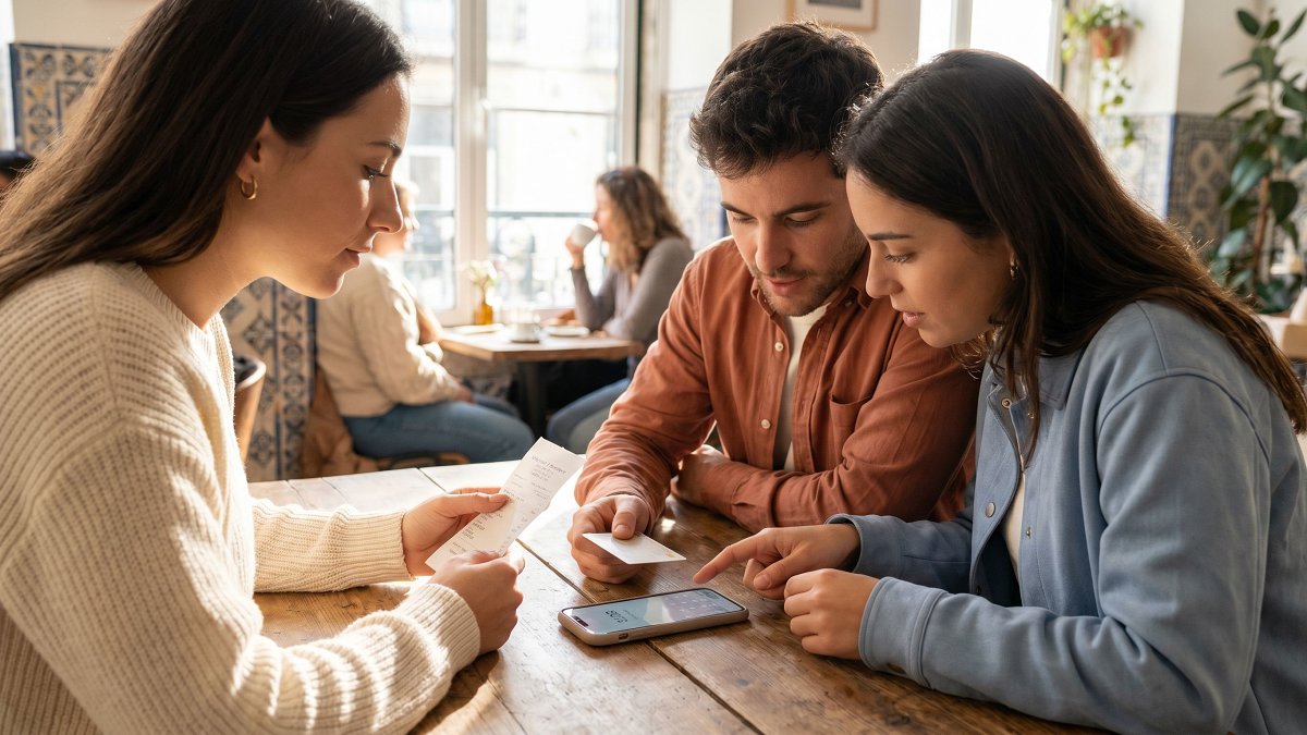 Three friends in a Lisbon cafe comparing receipts and an exchange rate on a phone