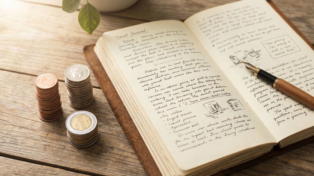 A travel notebook with a handwritten kitty log next to stacks of coins from three currencies