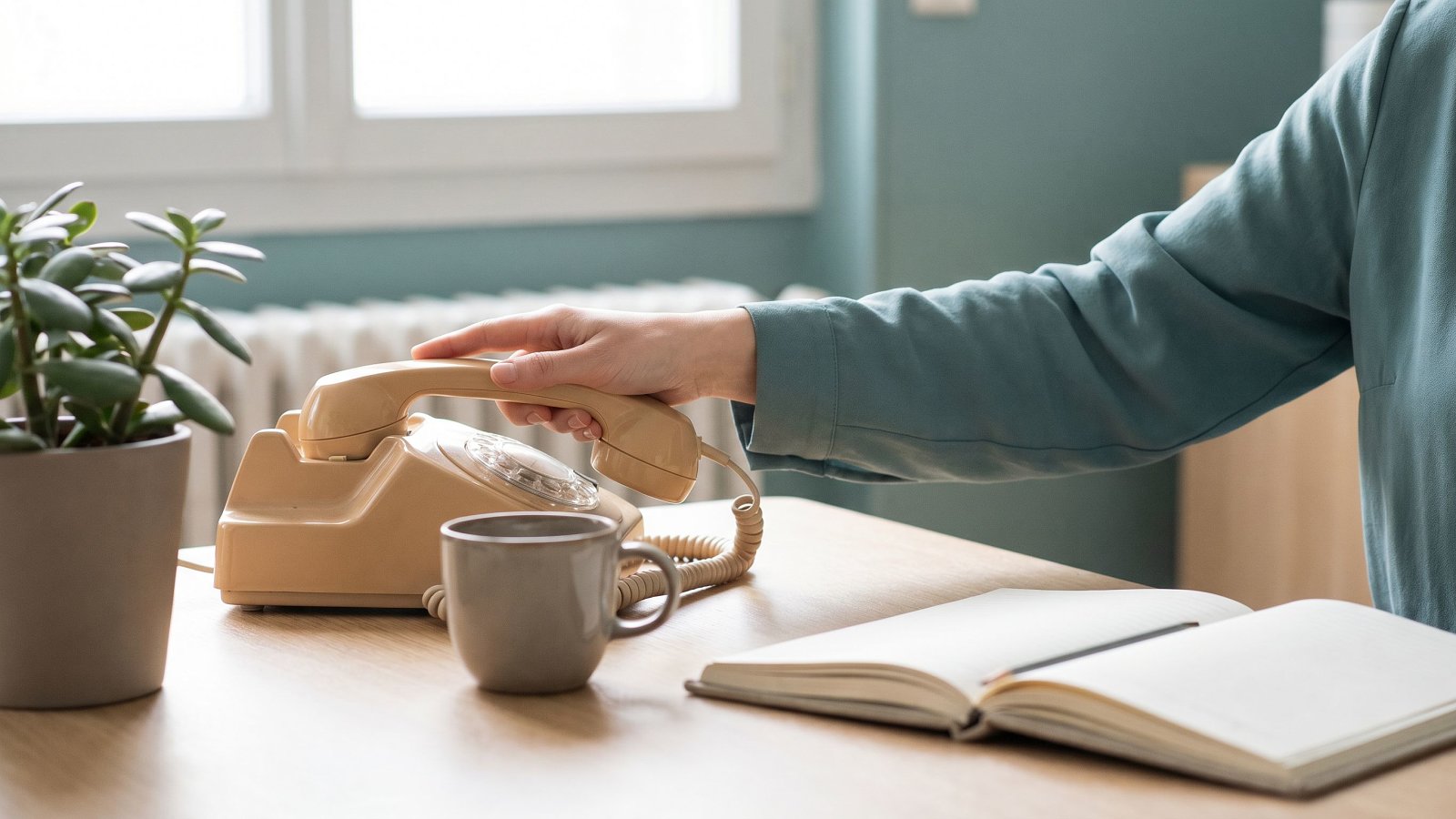 Main qui décroche un téléphone sur un bureau de consultation, ambiance calme et apaisante
