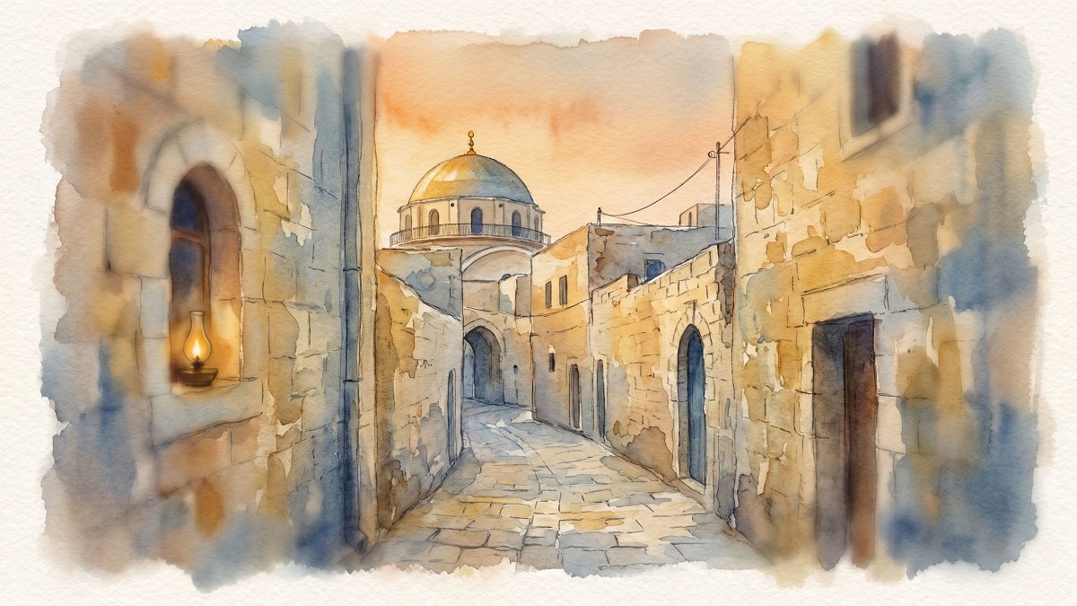 Watercolor of the Hurva Synagogue dome above a quiet Jewish Quarter lane in the Old City of Jerusalem at golden hour
