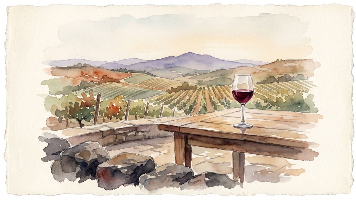 Watercolor of a kosher winery cafe terrace overlooking Upper Galilee vineyards with a ruby red wine glass on a wooden table