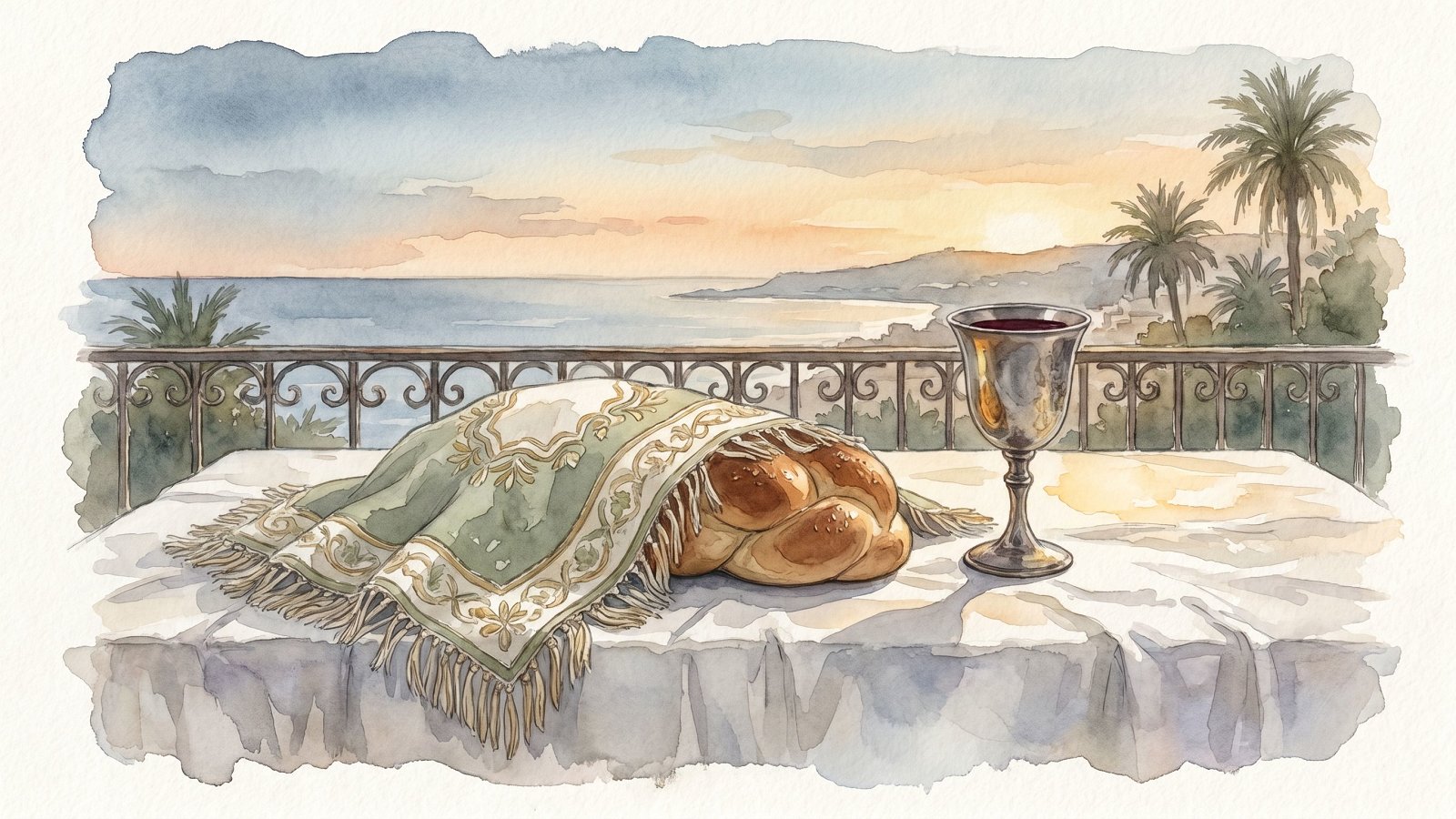 A kosher hotel table set for Shabbat with two challahs, a kiddush cup and a view of the Mediterranean at dusk