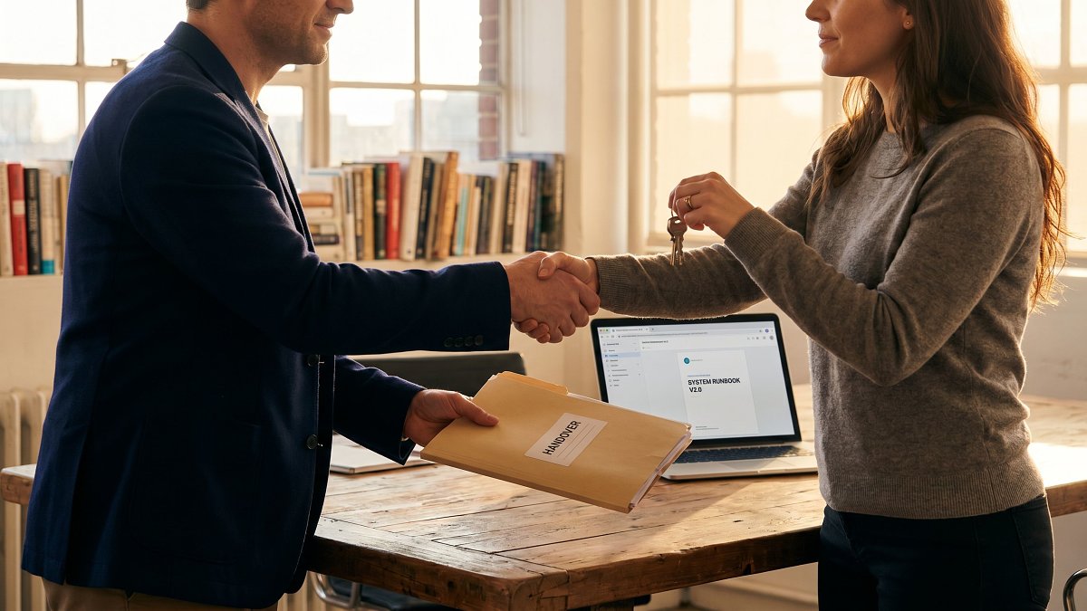 Engagement transfer moment between a founder and a senior engineer at a wooden desk