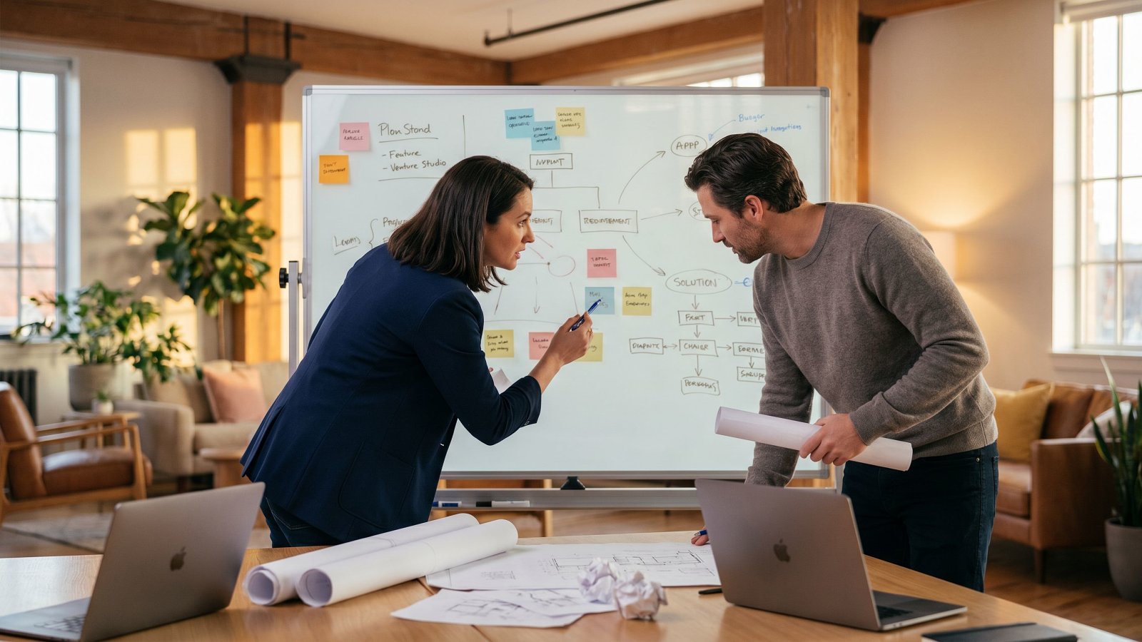 Founder and senior architect reviewing a product roadmap in a venture studio