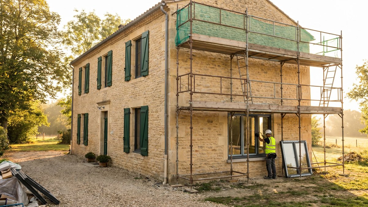 Maison locative française en rénovation énergétique avec échafaudage et pose de menuiseries double vitrage