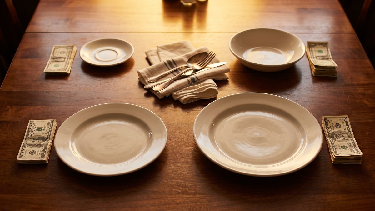 Proportional tip at a four-person table, illustrated with stacks of cash of different heights next to plates of different sizes