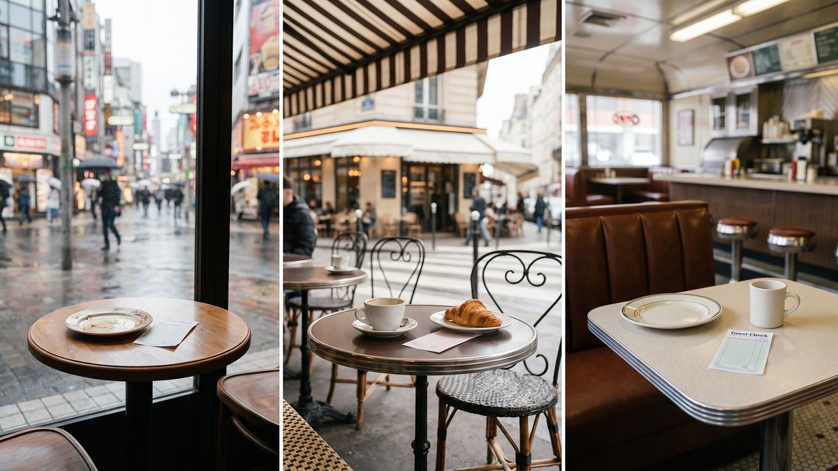 Tipping by country illustrated as a row of bistro tables in Tokyo, Paris, and New York settings