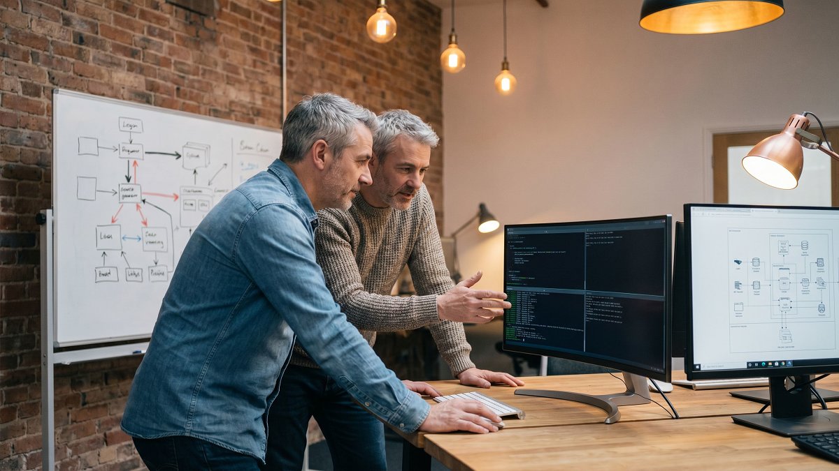 Two senior software engineers pair-coding on a venture studio rebuild, dual monitors showing terminal and architecture diagram
