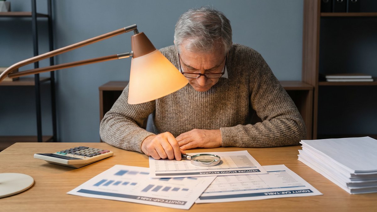 Senior financial analyst reviewing printed venture studio return projections and equity cap-table spreadsheets at a focused desk
