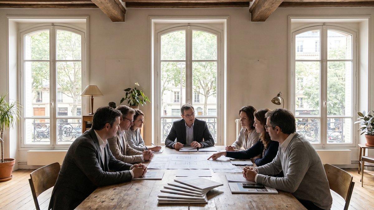 Assemblée générale de copropriétaires examinant le plan de rénovation énergétique et les devis avec le syndic