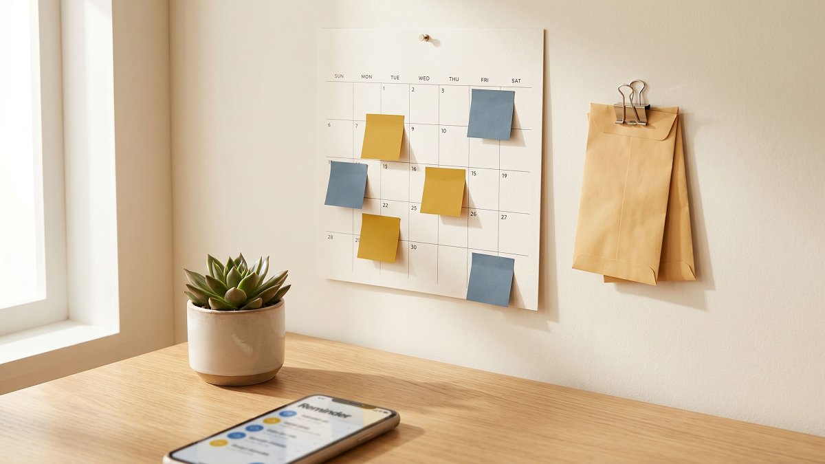 Wall calendar pinned with sticky notes marking different recurring bill due dates across the month