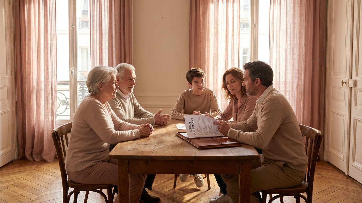 Famille française intergénérationnelle discutant d'un contrat d'assurance vie autour d'une table