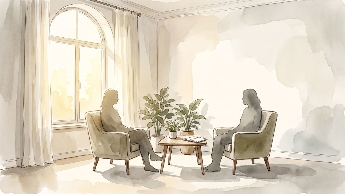 Scène apaisée de consultation entre un psychologue et un patient