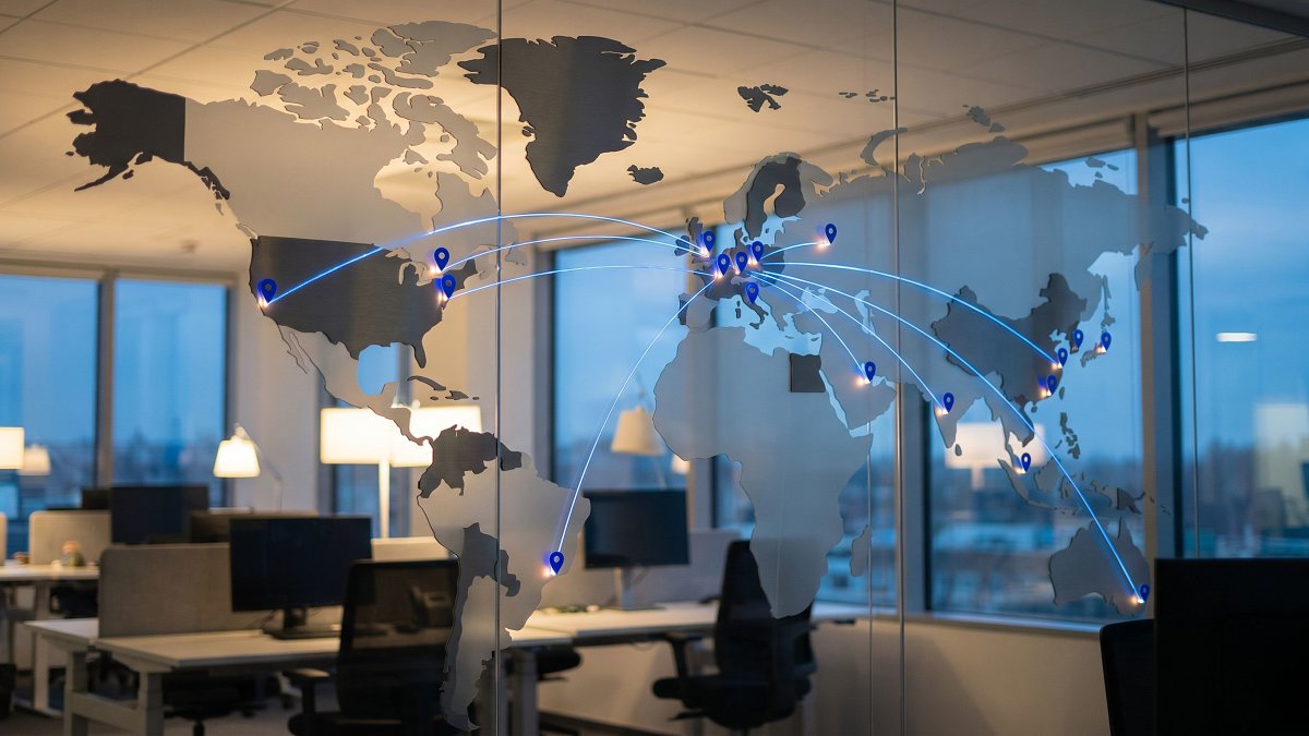Stylized world map showing European jurisdictions and cross-border data flow lines