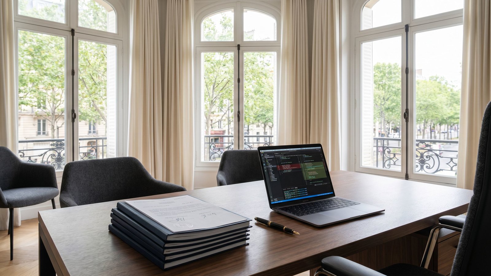 Signed IP transfer contracts on a desk with laptop showing a contract diff