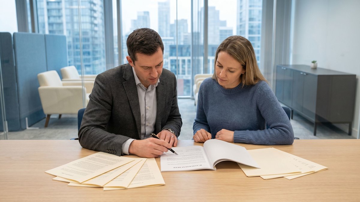 Founder and venture studio counsel reviewing an IP assignment deed at a meeting table