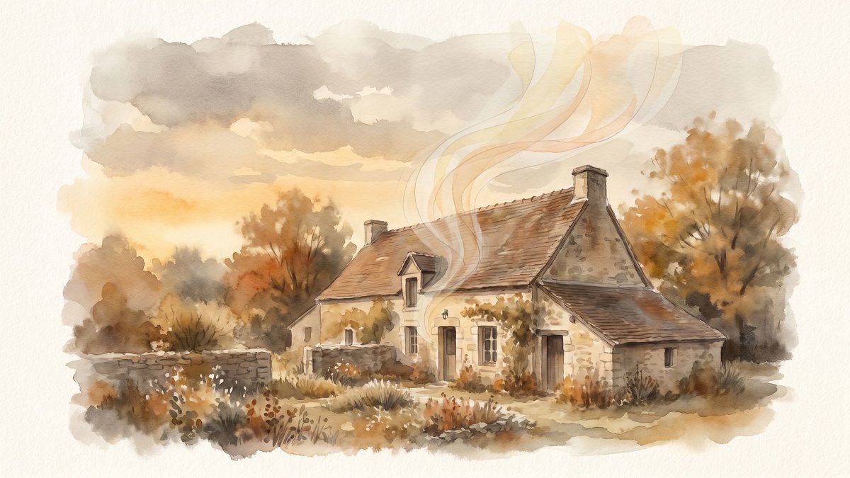 Maison française rurale en pierre vue de l'extérieur, illustration de l'enveloppe thermique d'un logement