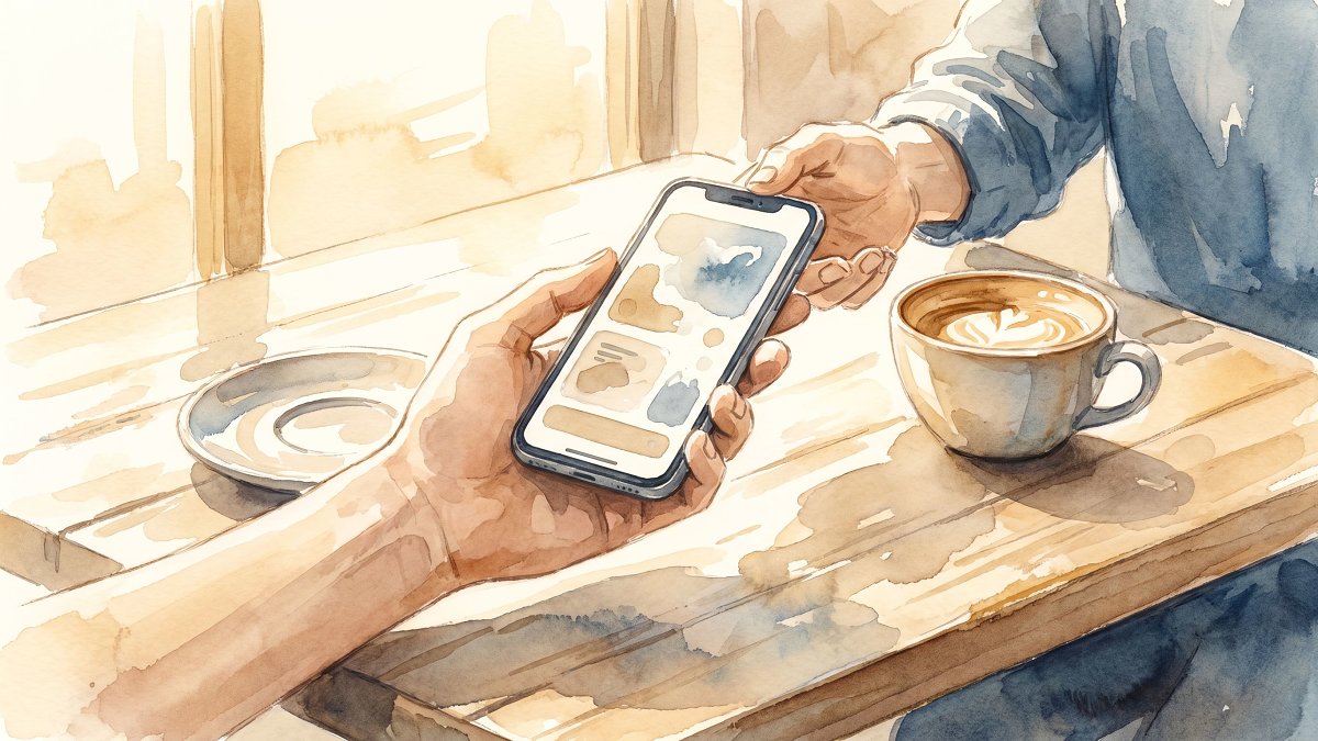 A hand passing a smartphone showing a payment confirmation at a cafe