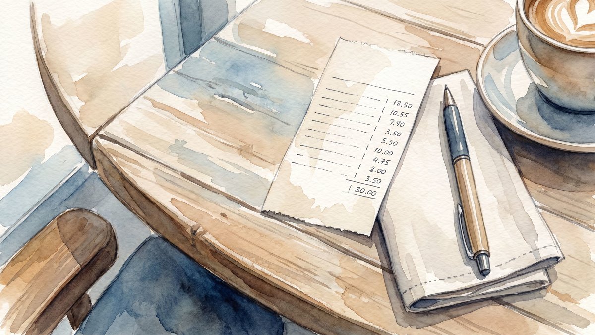 Overhead view of a cafe table with a receipt and handwritten napkin math