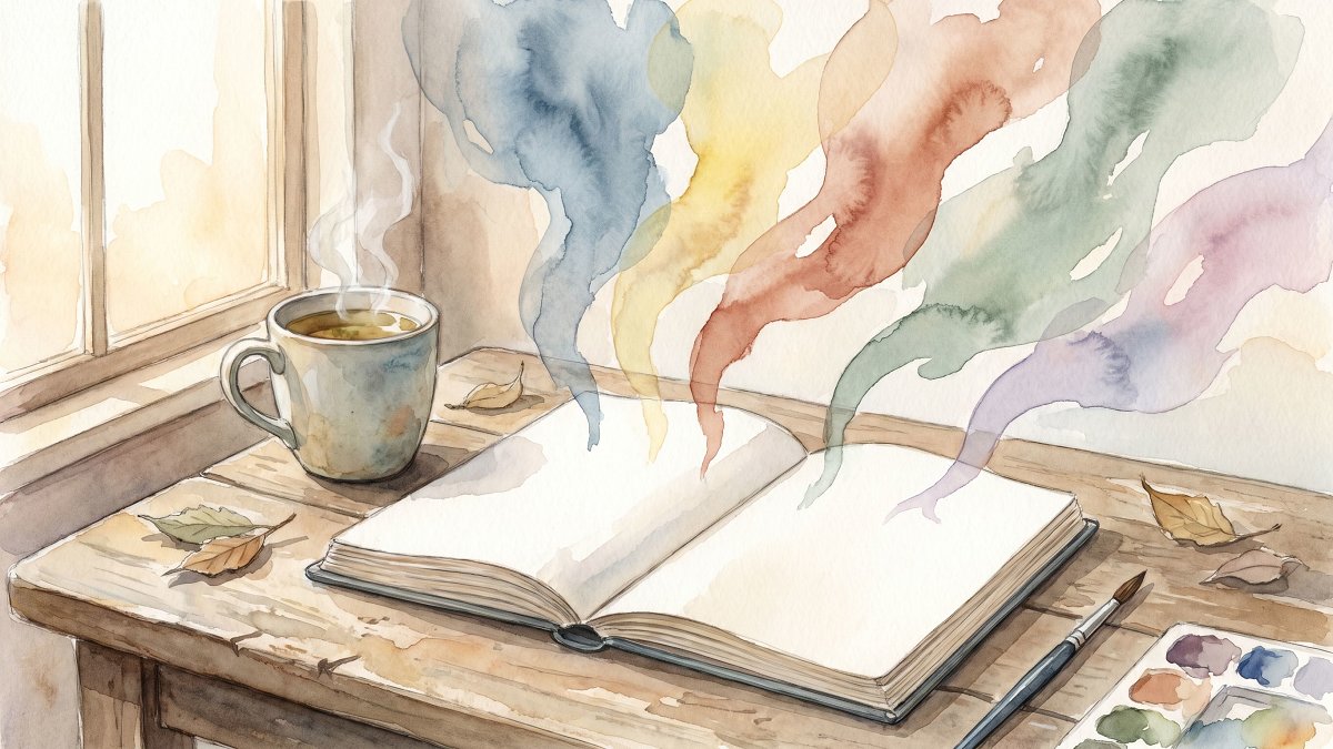 Journal émotionnel ouvert sur une table en bois avec teintes aquarellées des cinq émotions de base