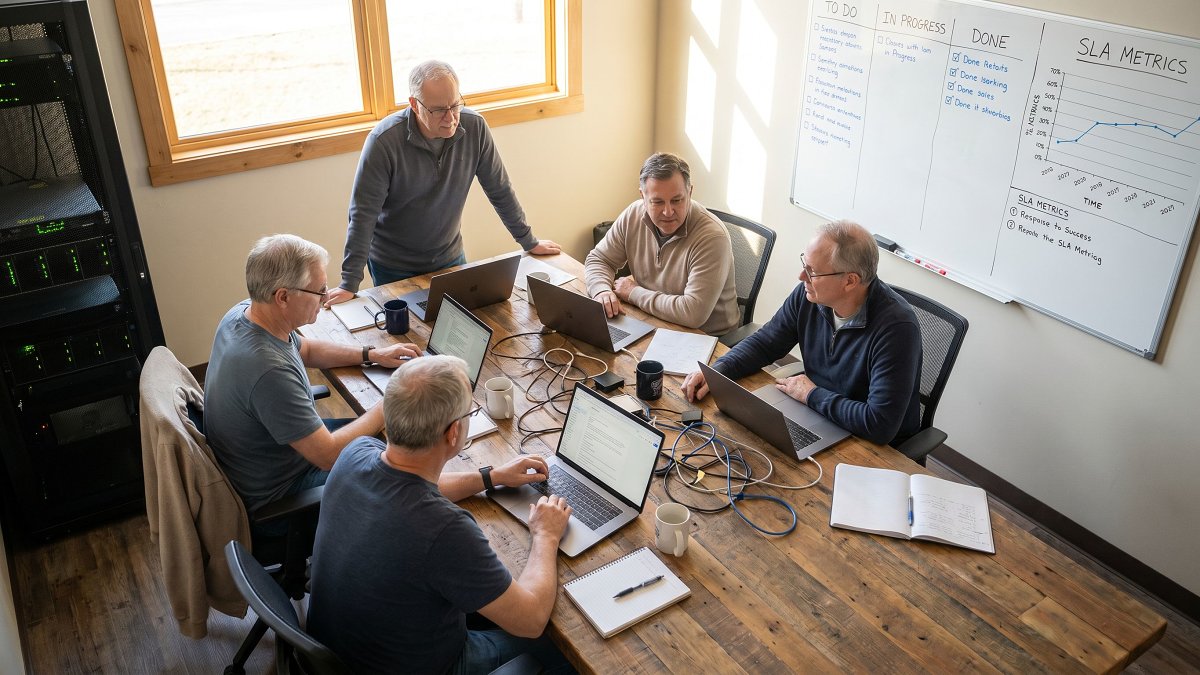 Wide overhead view of a five person senior engineering pod working at one table with a sprint board and managed services chart on the wall