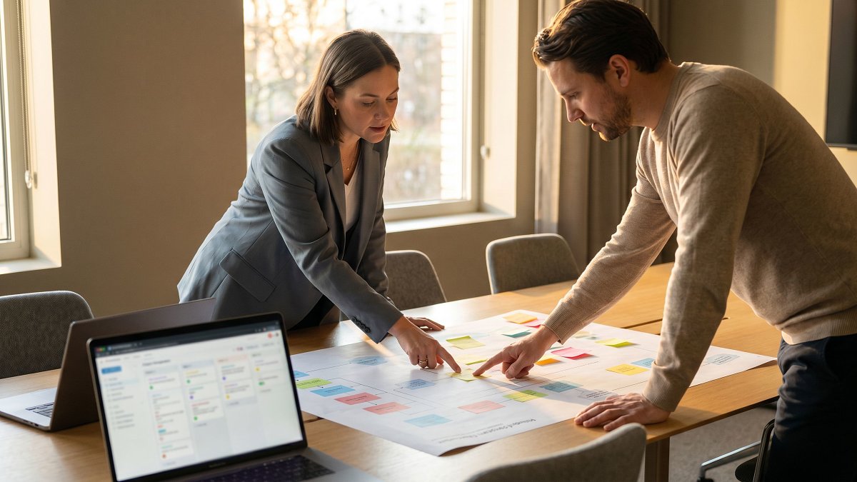 A product manager and an agency lead walking through an engagement decision tree with sticky notes