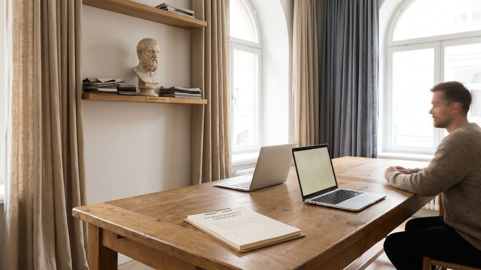 Studio table with two laptops and a printed software agency engagement contract under soft daylight