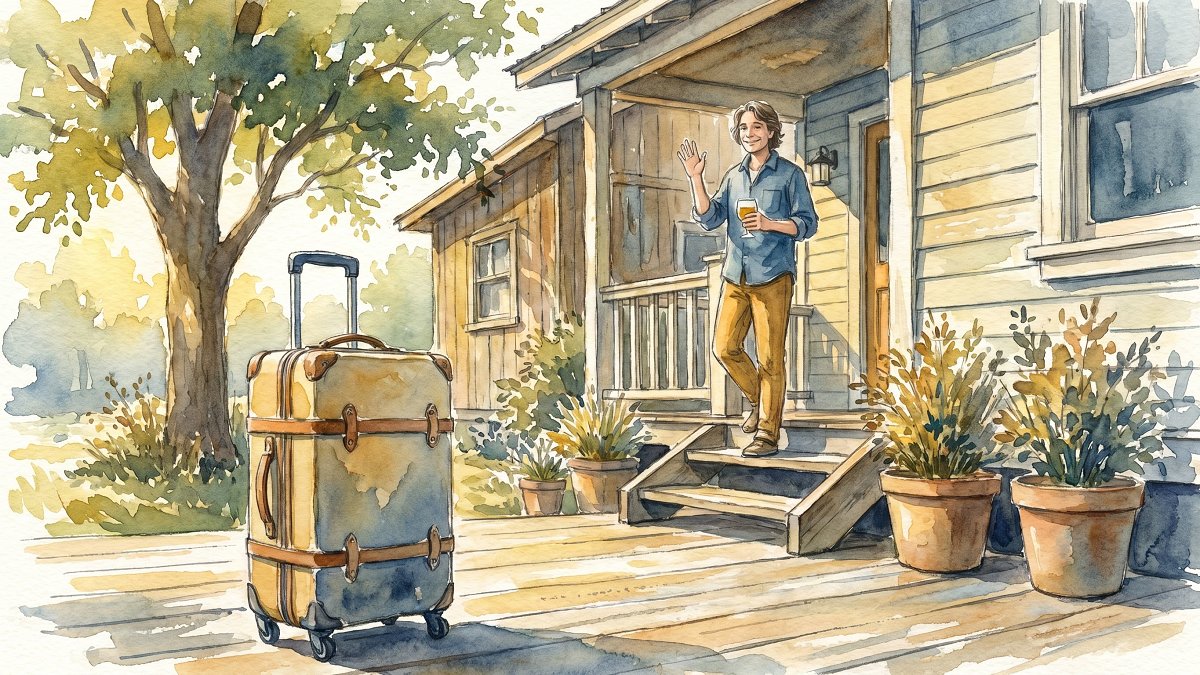 A friend arriving at a vacation rental with a suitcase, greeted from the porch
