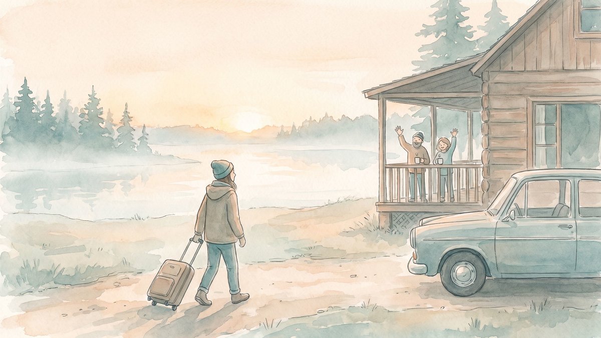 A friend wheeling a carry-on toward a parked car at sunrise outside a lakeside cabin while others wave goodbye