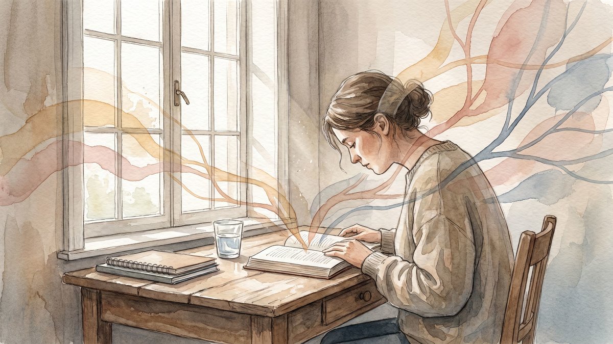 Adulte concentré à son bureau, illustration aquarelle évoquant l'attention soutenue et la mémoire de travail