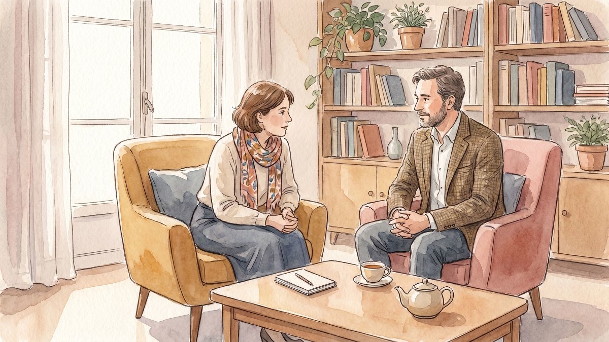 Consultation entre un professionnel et un adulte dans un cabinet apaisé, illustration aquarelle du parcours de soin