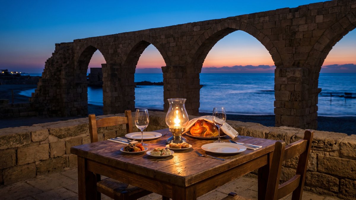 A kosher dining table at the Caesarea ancient harbor at twilight, with stone arches and Mediterranean water in the background
