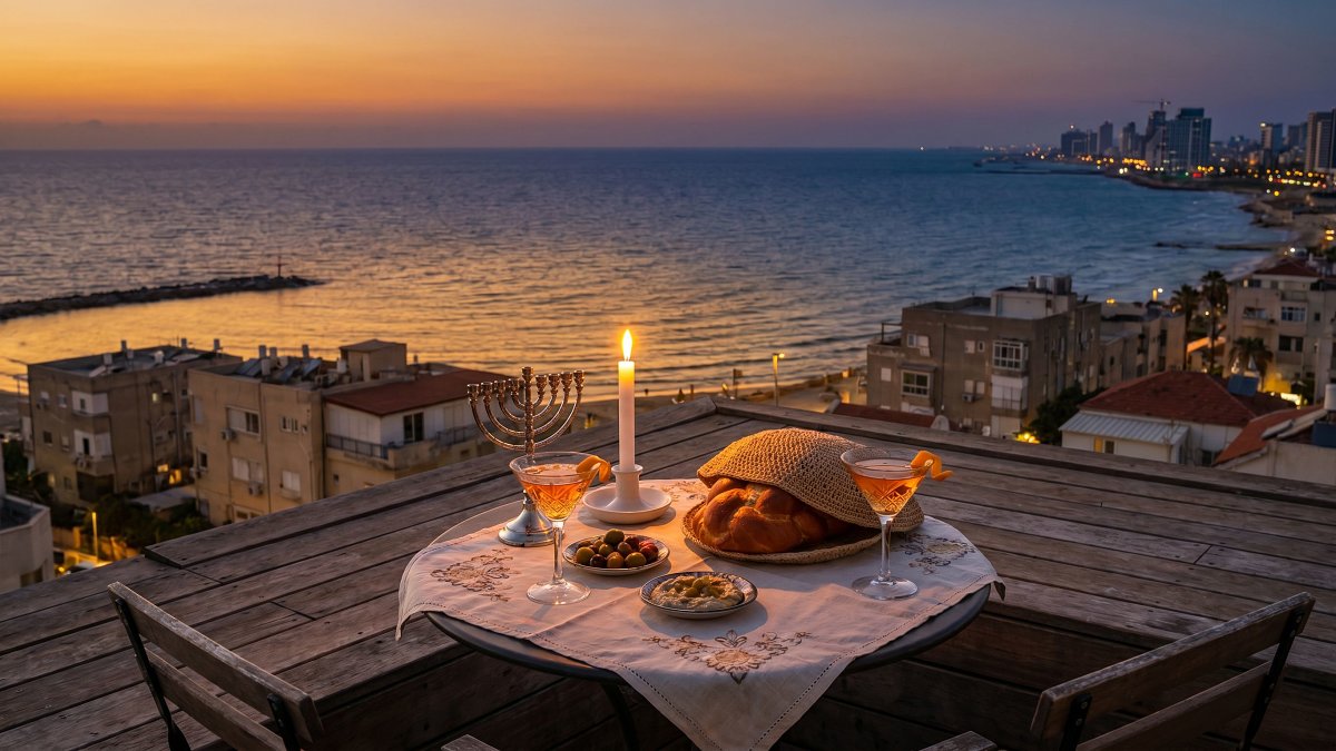 A kosher rooftop table for two on the Tel Aviv coast at golden hour, with the Mediterranean horizon and warm cocktail glasses on the table