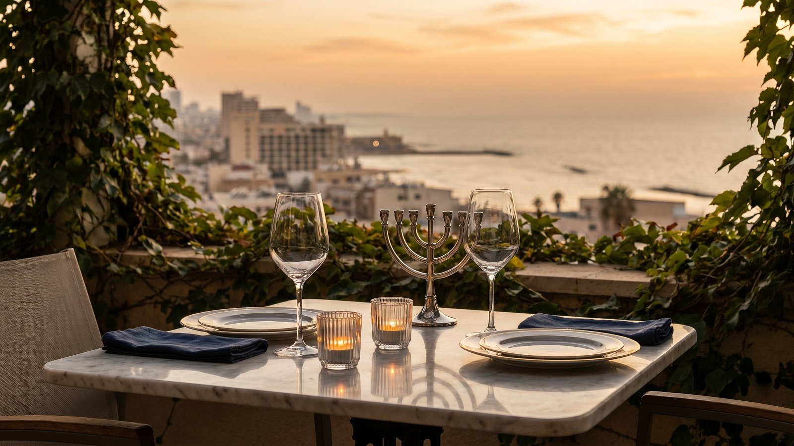 An intimate kosher table for two on a Tel Aviv coastal terrace at sunset