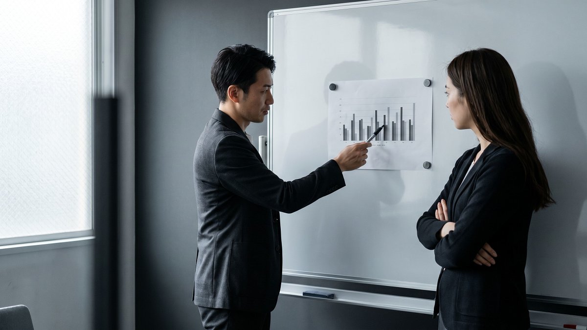 Two consultants deliberating over an engagement model decision chart on a whiteboard