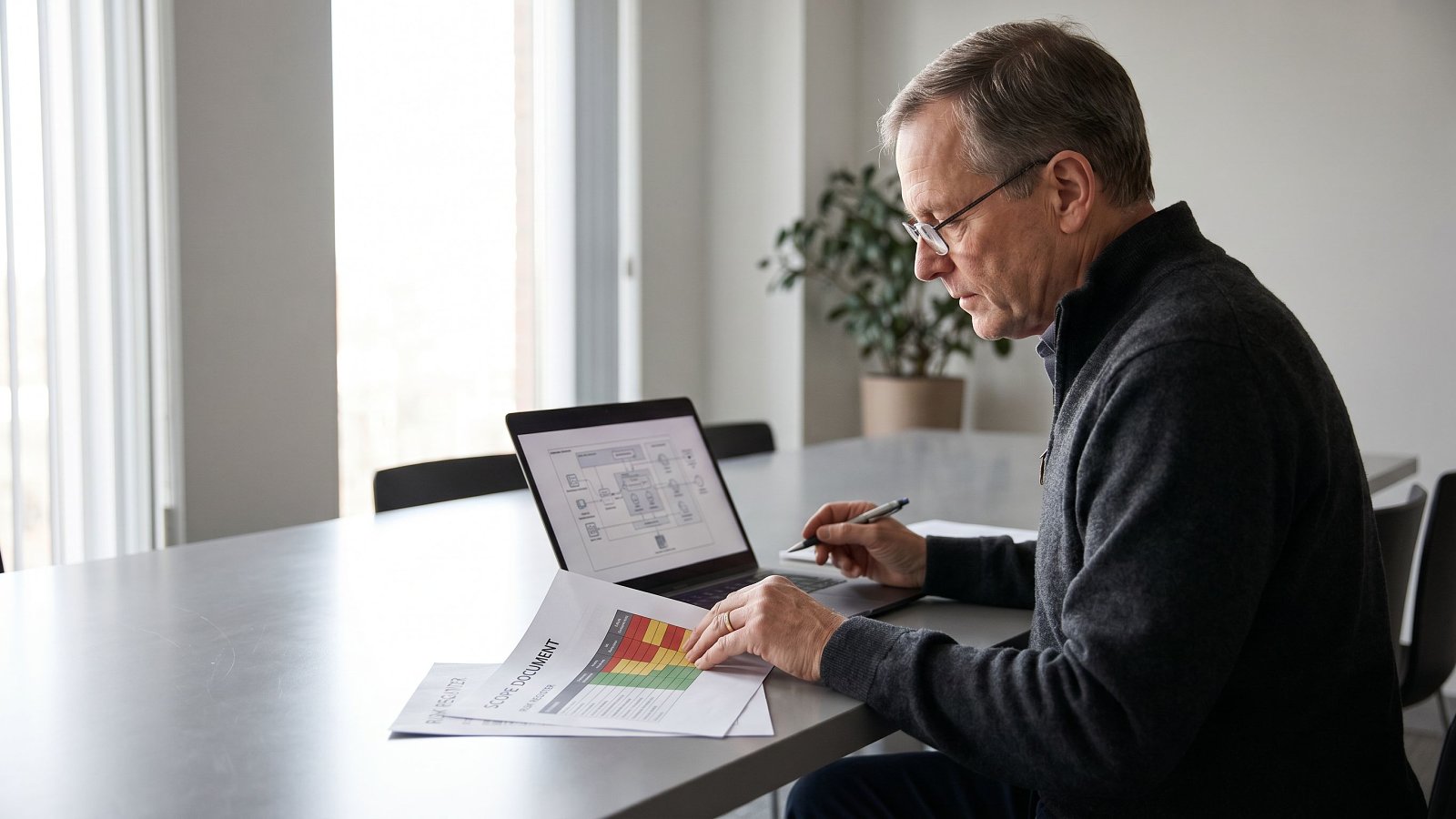Senior engineer reviewing a fixed bid software project scoping document and risk register