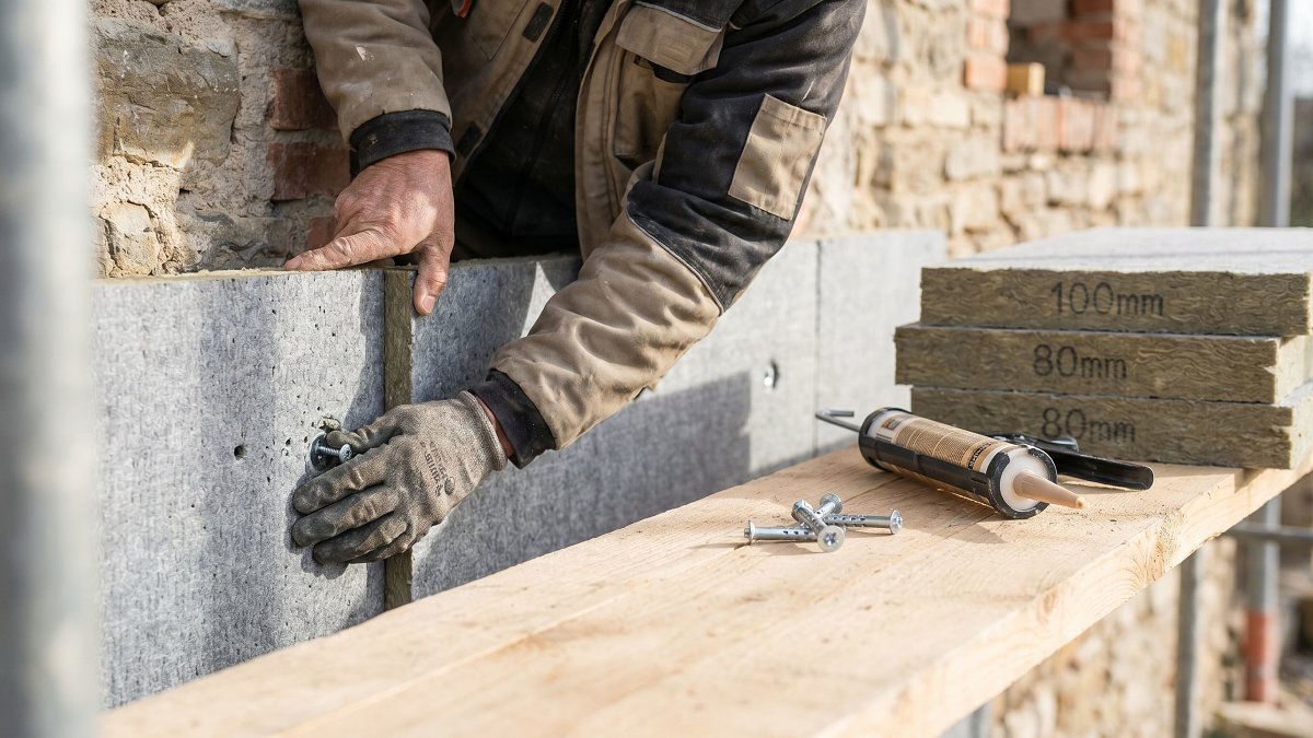 Pose de panneaux de laine de roche sur un mur extérieur, mains d'un artisan RGE
